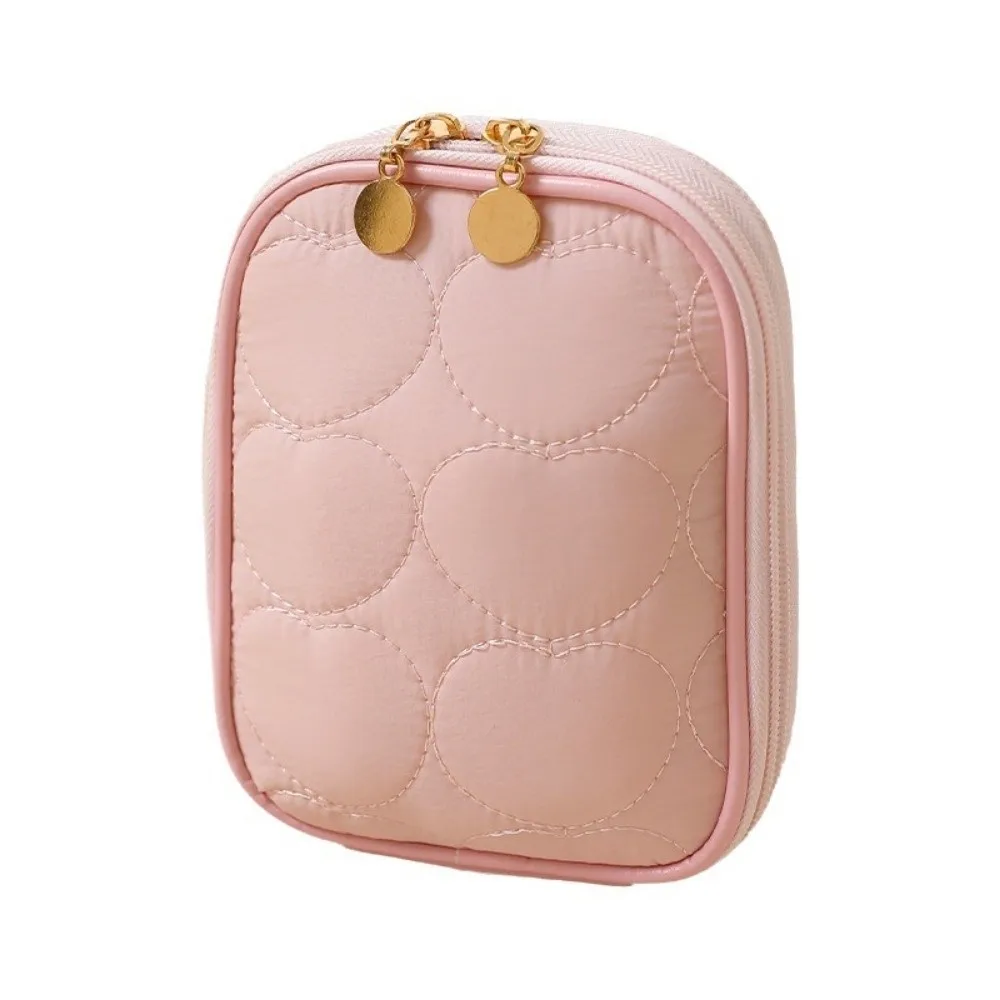 Delicate Portable Mini Storage Case Zipper Lightweight Cosmetic Pouch Heart-shaped Pattern Solid Color Makeup Organizer Travel