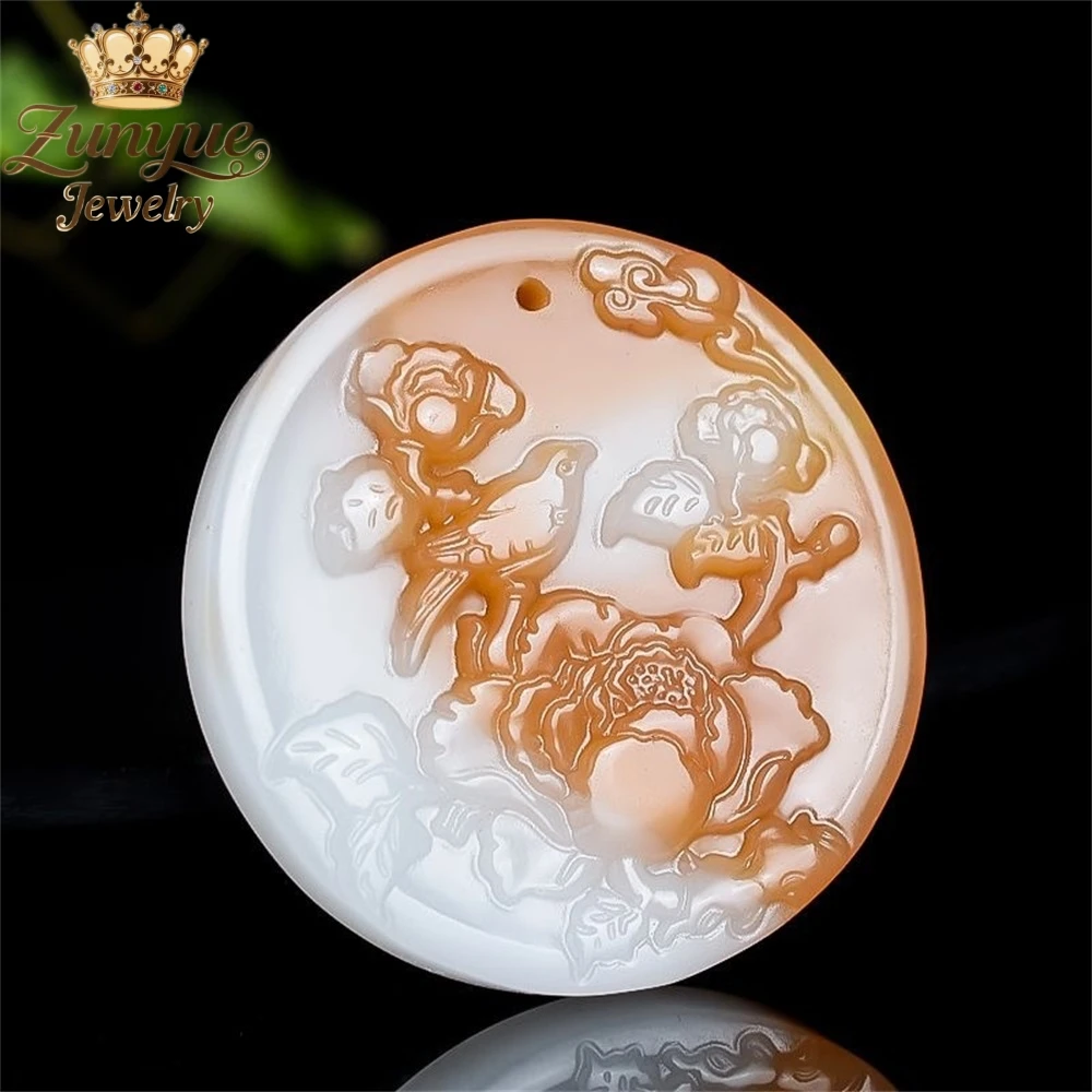 

Natural Hetian Jade Round Pendant With Peonies And Magpies Luxury Quality Jewelry Fashion Jewelry Exquisite Charms Popular Gift