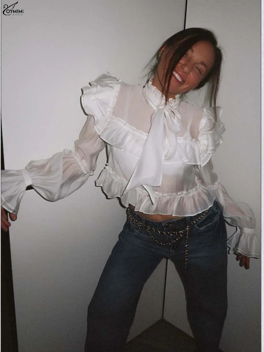 Oymimi Fashion White Ruffle Neck Women Shirts Elegant Cascading Ruffle Long Sleeve Lace-Up Shirt Casual Button Translucent Shirt