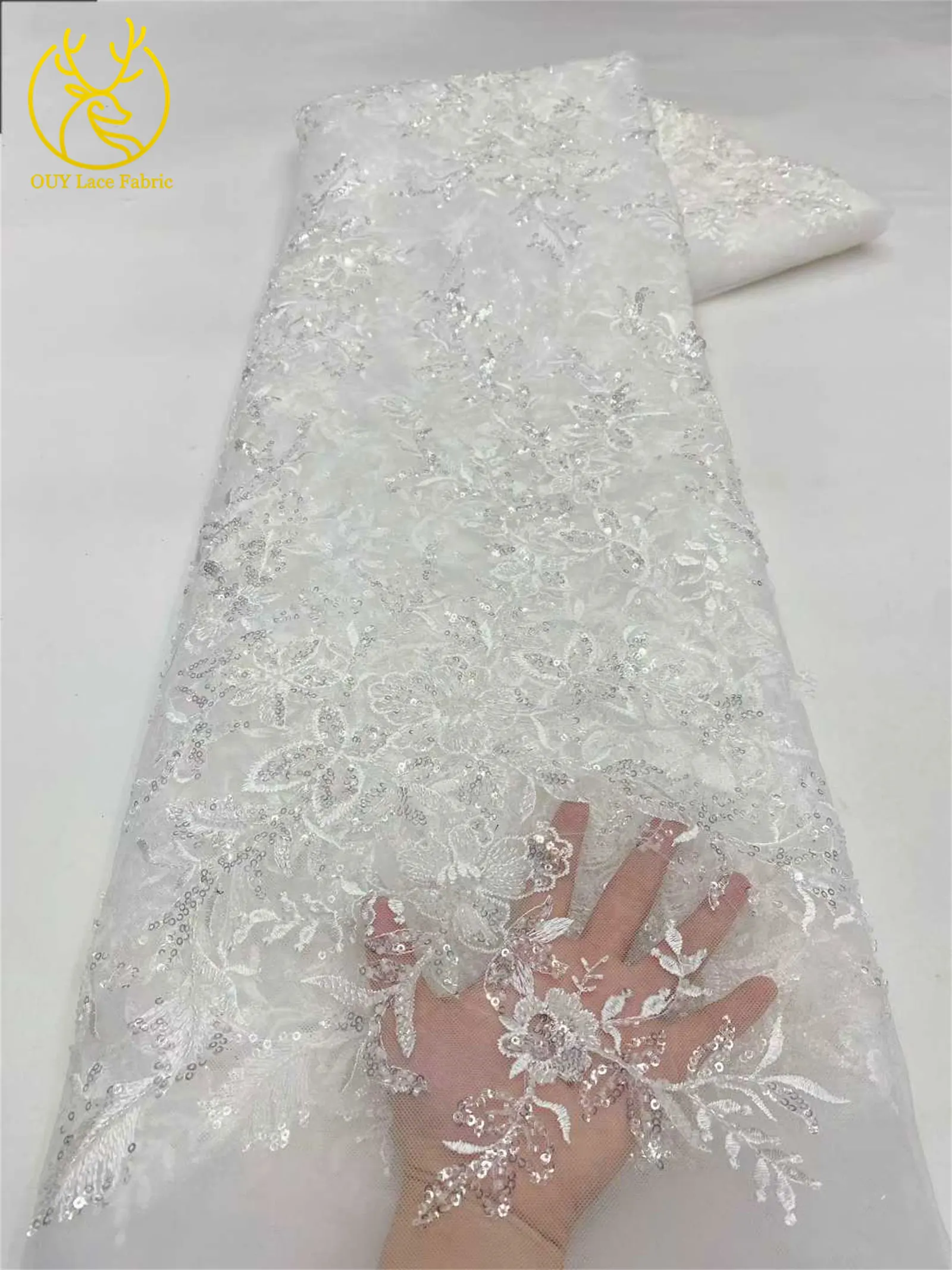 Luxuriöser afrikanischer Spitzenstoff 2026 mit französischen Pailletten, Netzperlen und 3D-Stickerei auf Tüll – Hochwertiger Stoff für Hochzeitskleider – Detail 16