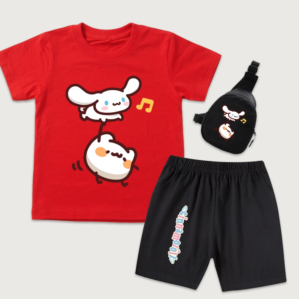 

Детская хлопковая футболка с принтом Cinnamoroll Cute Vibe, шорты, мини-сумка на грудь, комплект из 3 предметов для мальчиков и девочек, летняя одежда