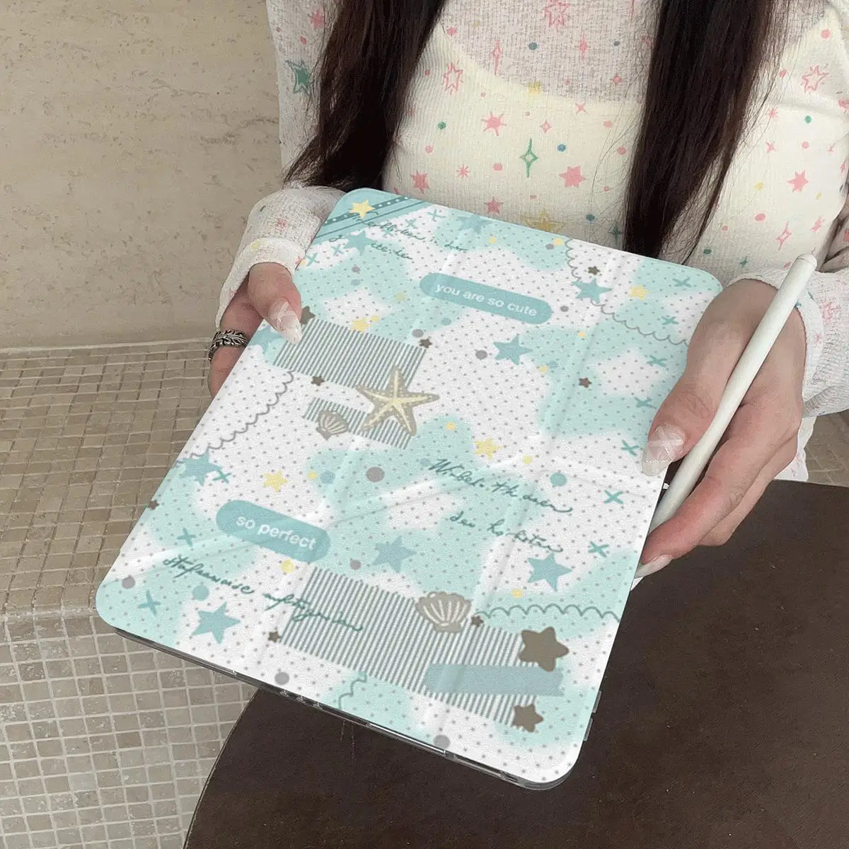 Summer Mint Green Star Sticker Label For iPad Pro Air 13 11 M5 M4 M3 M2 2 1 11th A16 12.9