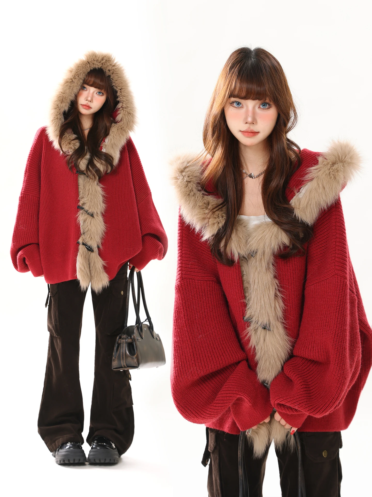 

Ретро американский дизайн, толстовка с большим меховым воротником, женская осенне-зимняя ленивая теплая вязаная открытая кардиган, топ для девочек Faion