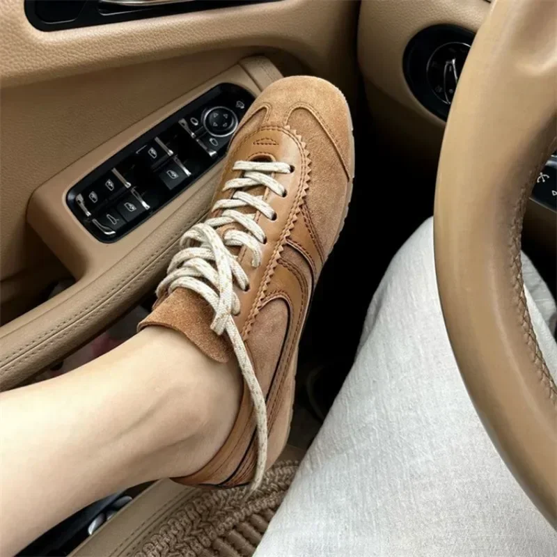 Comfortable European genuine leather high niche retro German training shoes women summer breathable flat sole sports board shoes