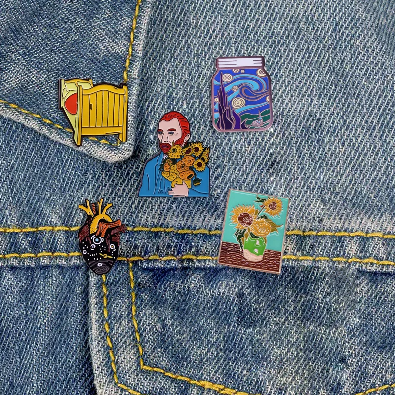 Trendy Van Gogh Brooch Cartoon Oil Painting Art Badge Fashion Lapel Pin Men Denim Jacket Jewelry Accessories Wholesale