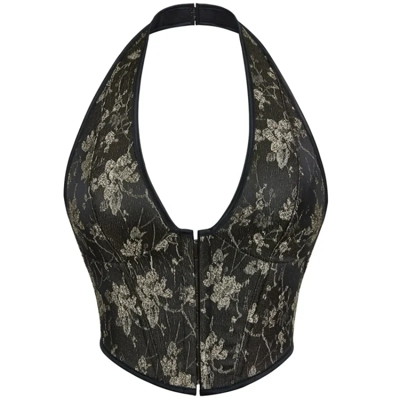

Корсет с лямкой на шее, укороченный топ для женщин, сексуальный готический фиолетовый цветочный принт, бюстье, жилет, винтажный корсет, баскское нижнее белье в стиле бурлеск