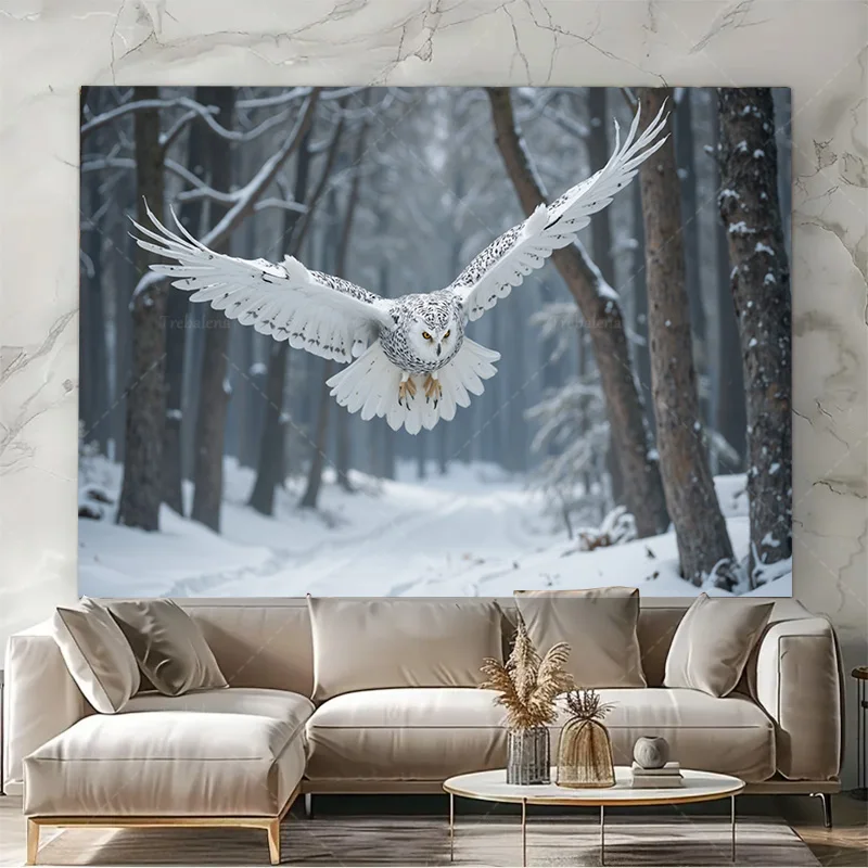 قطعة واحدة من نسيج الجدار البومة الثلجية في نسيج الغابات الشتوية - فن تعليق على الحائط لمشهد الطبيعة #4