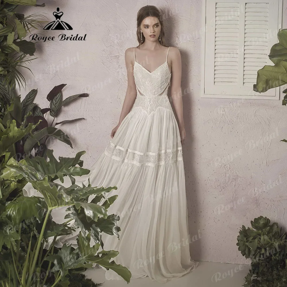 hochzeitskleid Spaghetti Straps Lace Chiffon Boho Beach Tassel Wedding Dress with V Neck 2025 Backless Bridal Gown Customized