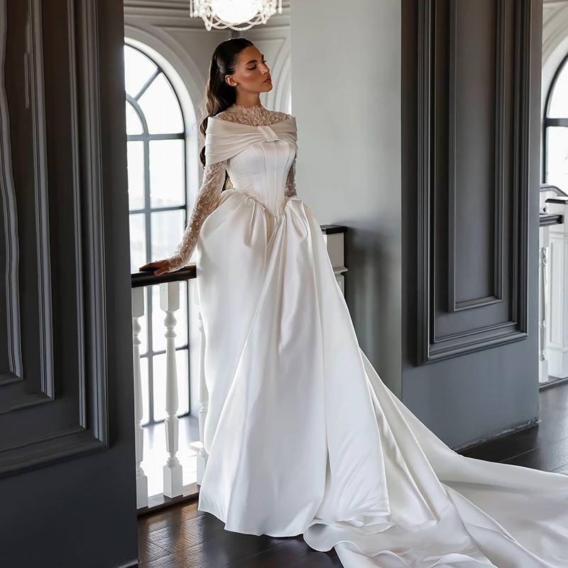 Eightree Saudi Arabia A-Line Wedding Dresses Long Sleeve Lace Sweep Train Bridal Dress Women Wedding Ball Prom Gown Customized