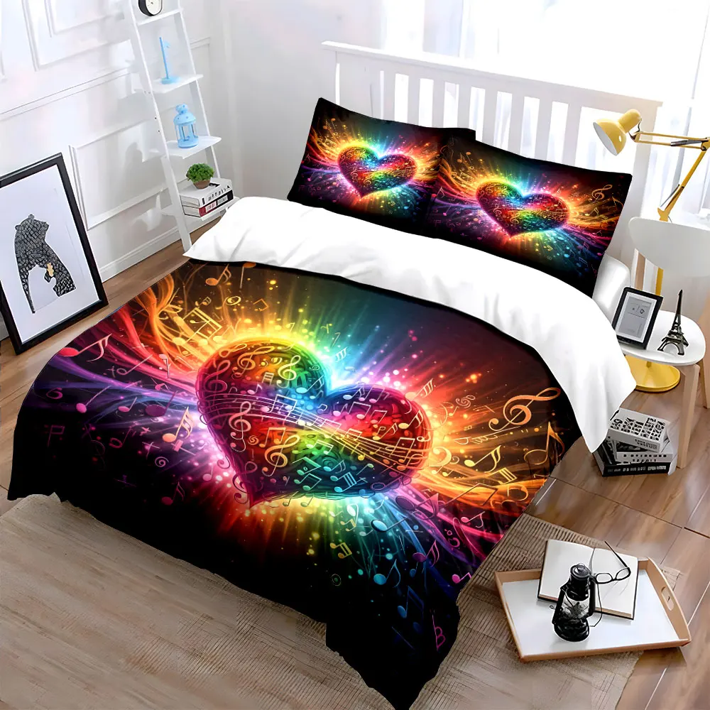 Vibrant rainbow heart with musical notes Print Soft Comfortable Duvet Cover Bedding Set Included 1*Duvet Cover 2*Pillowcases