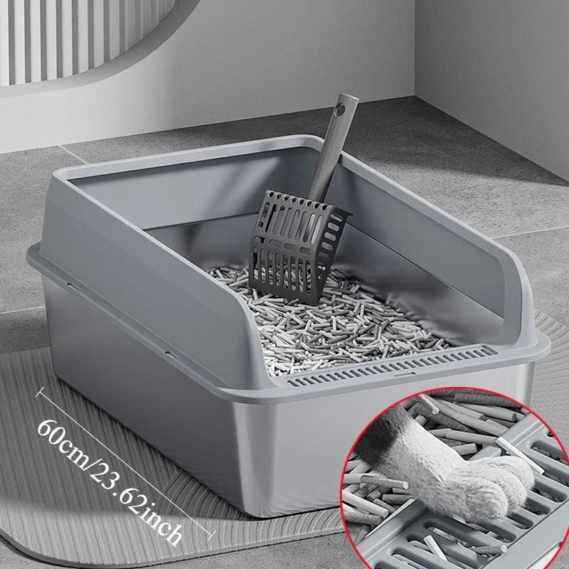 

60X40 Extra Large Cat Box Stainless Steel Semi-closed Cat Toilet with Shovel Cats Box High Anti-Splash Pet Product