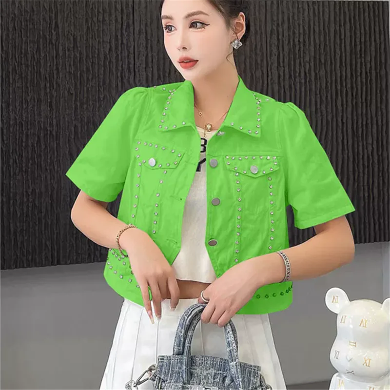 

Fashion Beaded Diamond Slim Thin Short Denim Jacket Women Summer Lapel Single-Breasted Short Sleeve Jeans Jacket Chaqueta Mujer