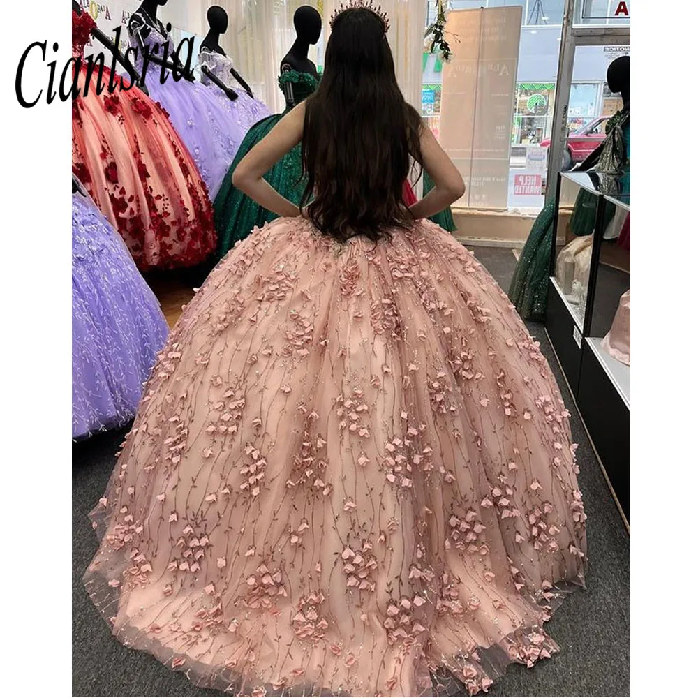 สีชมพู Quinceanera ชุดดอกไม้ดอกไม้ลูกไม้ Applique ลูกปัดคริสตัลชุดไหล่ Plus ขนาดหวาน16