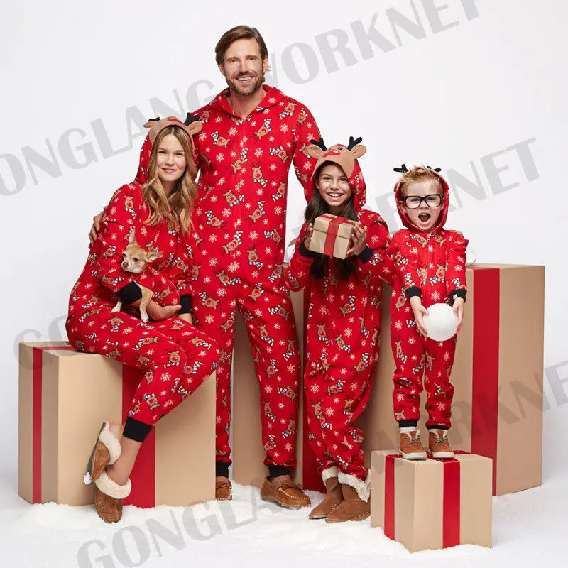 2024 Xmas Family Matching Clothing New Year New Year Moose Print Adults Kids Cute Ear Hooded Rompers Zipper Overalls Jumpsuits