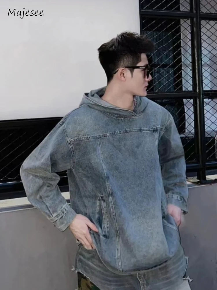 Denim Hoodies Men Solid Fashion Simple Leisure Spring Autumn Daily Spliced Streetwear American Style Couple All-match Youthful