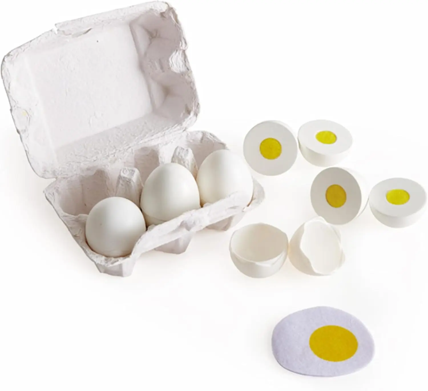

Egg Carton | 3 Hard-Boiled Eggs with Easy-Peel Shell & 3 Fried, Wooden Realistic Educational Toy for Children 3+, White and Yell