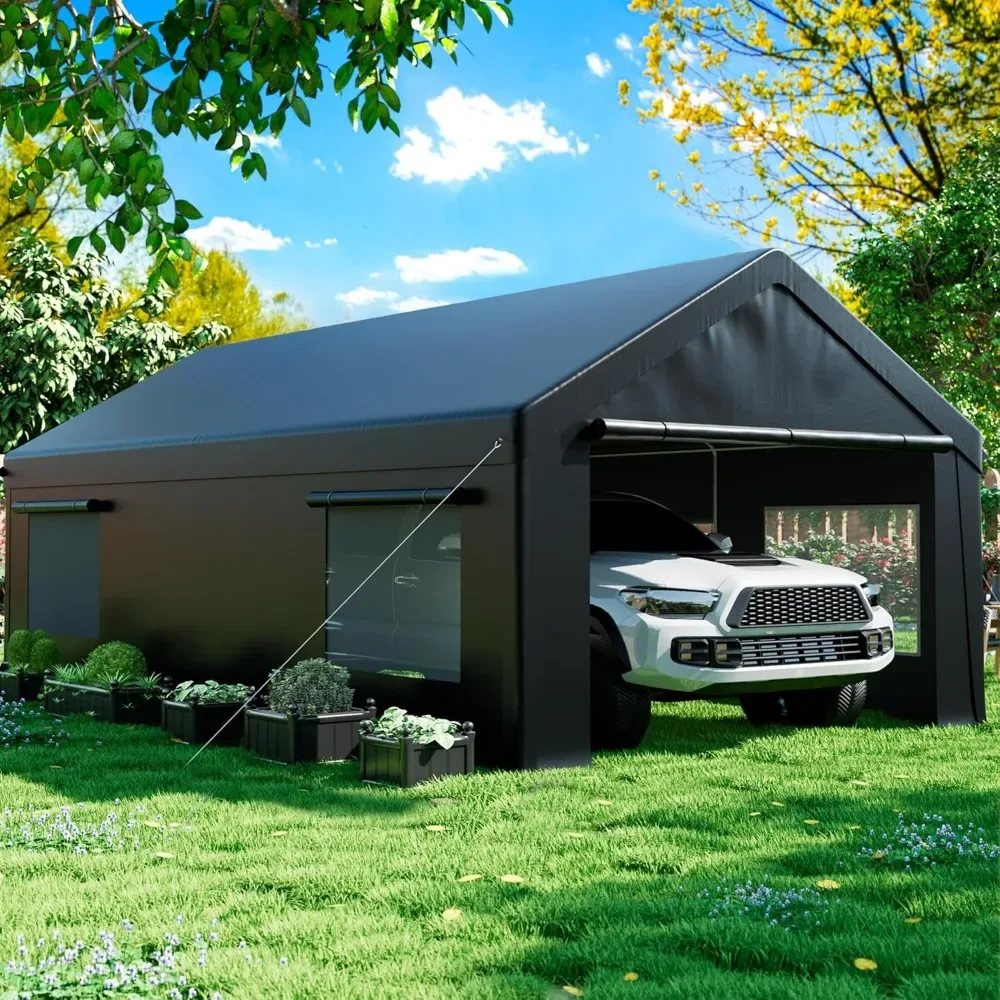 Carport 12' x 20' Heavy Duty Portable Garage, Carport Canopy with Side-Opening Door & Roll-Up Windows, Reinforced Four-Hole Base