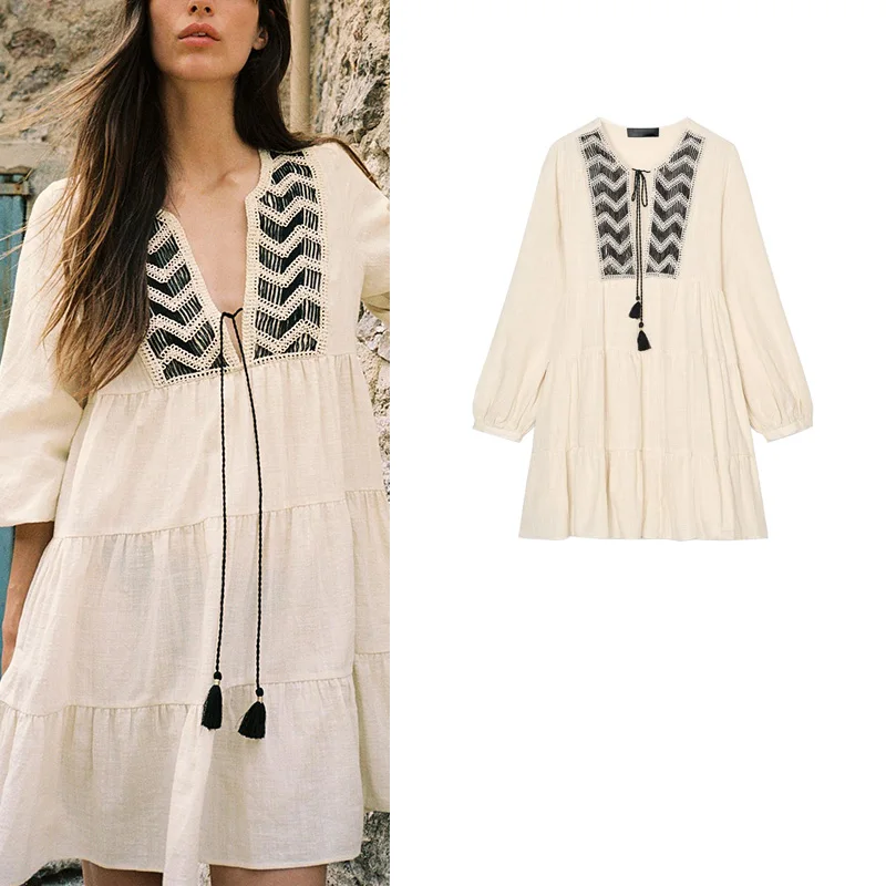 

Summer Women's Dr with Embroidery Long Sve Patchwork Sa Tassel ZA 502909 Polyester Fiber 00% Ladies Skirt