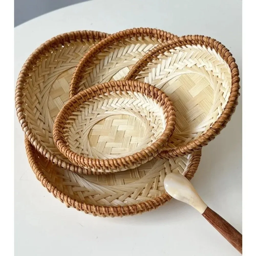 Multi-purpose 5 Sizes Bamboo Fruit Basket Handmade Brown Beige Color Drying Tray Round Shape Fruit Display Platter