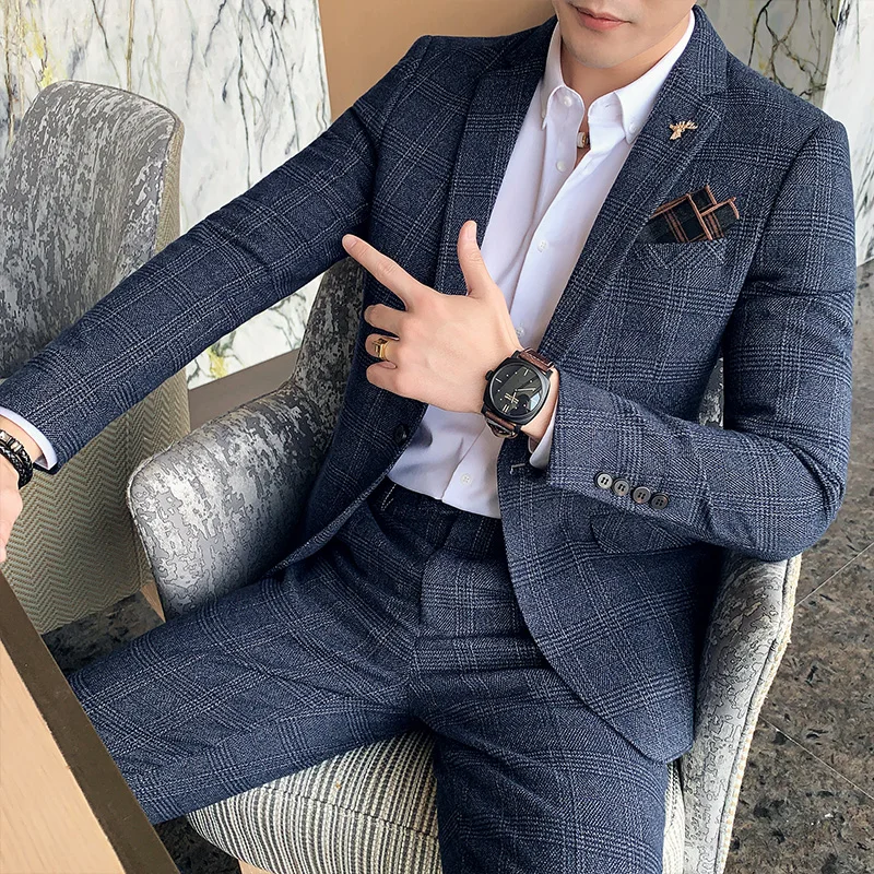 Men Luxury Slim Fit Check Suits Men Boutique Business Casual Formal Suits Sets Blazers+Pants Wedding Social Tuxedo Dress Homme