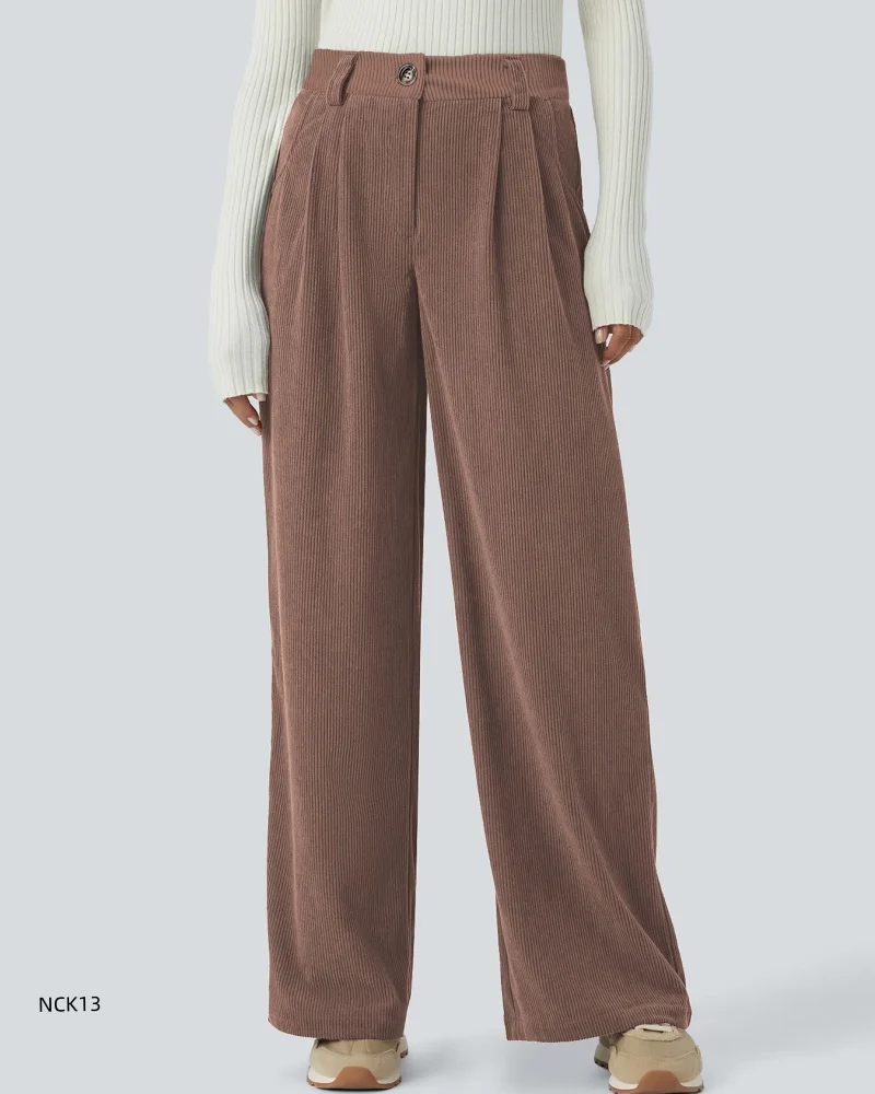 Corduroy broek met hoge taille voor dames Herfst Winter Ontspannen broek met rechte pijpen High Street Wijde pijpen Dikke warme broek met losse knopen