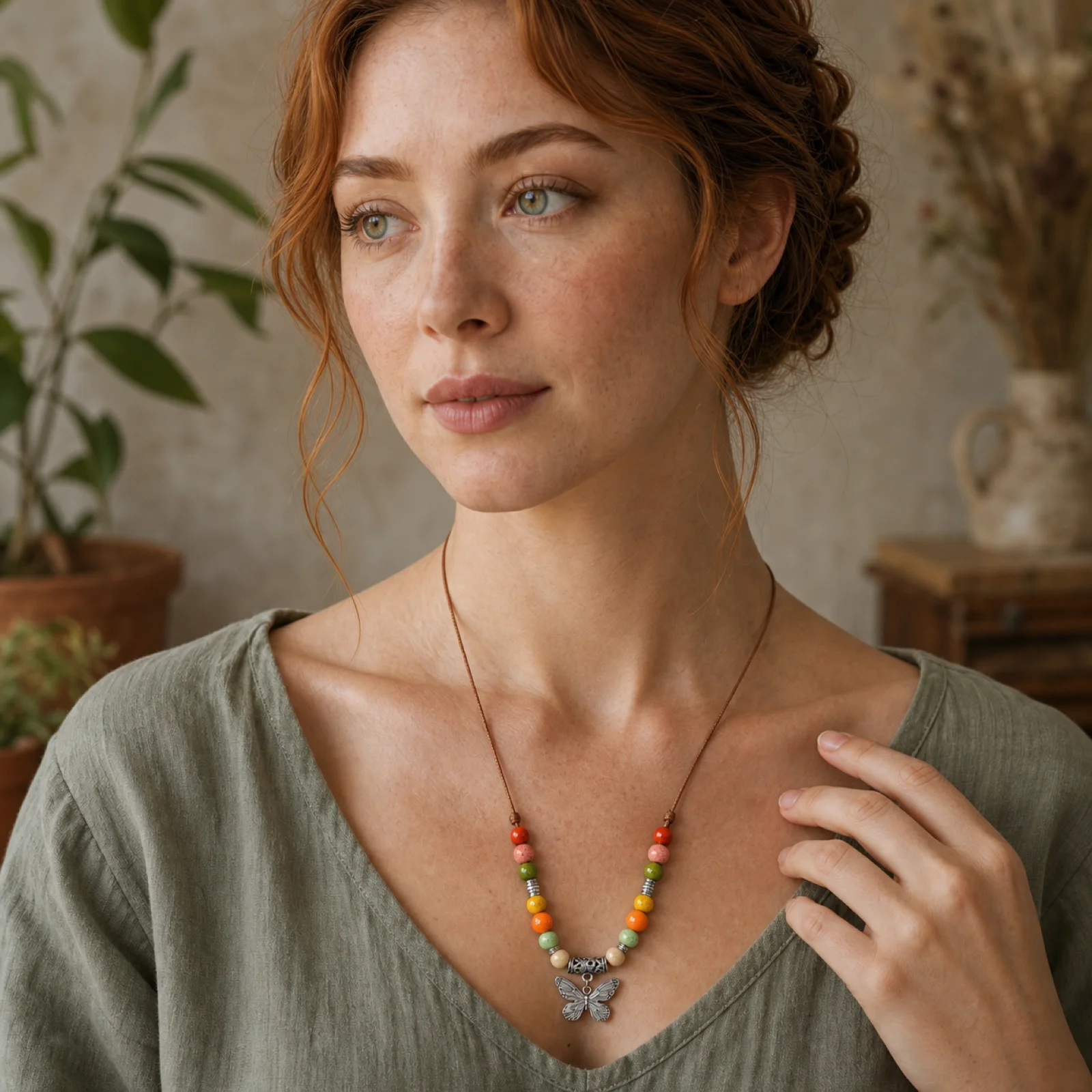 Handmade Ceramic Bead Colorful Butterfly Necklace with Waxed Cord Braided Alloy Accent Artisan Jewelry 608P16-01