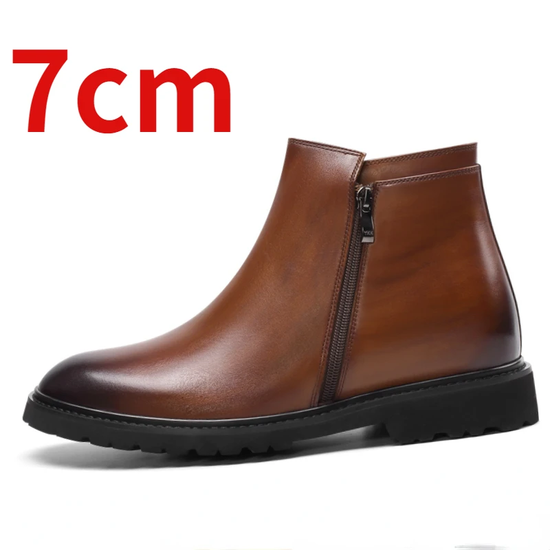 Men's Elevator Leather Boots Internal Height Increase 7cm Lightweight Cowhide Invisible Internal Height Increasing Chelsea Boots