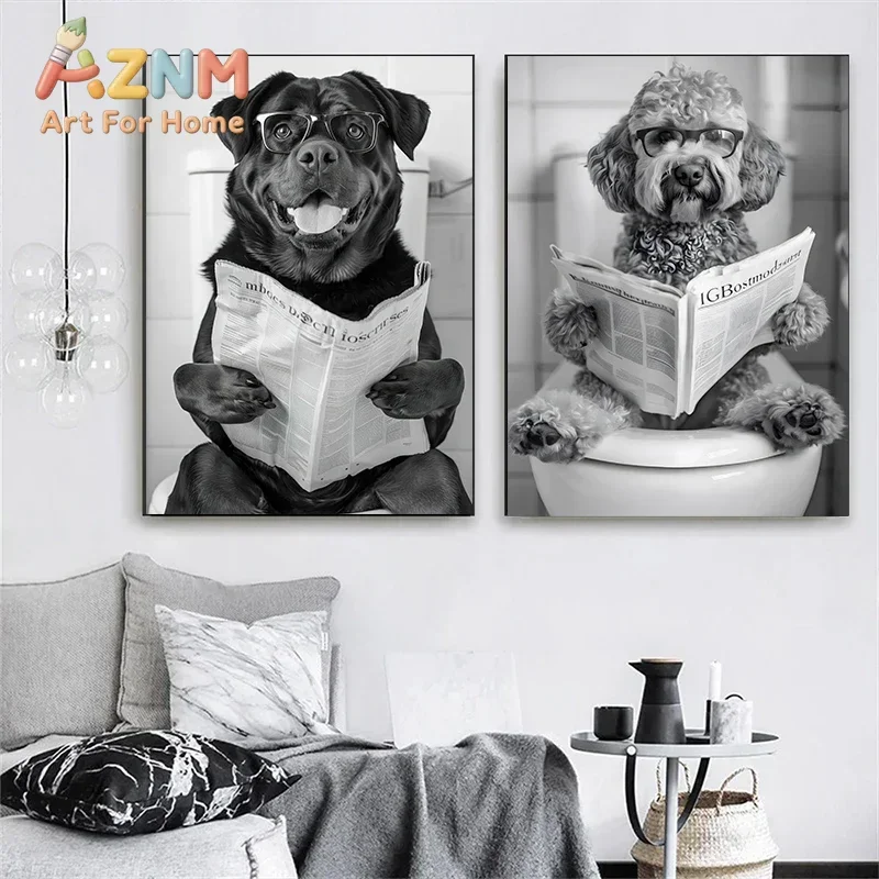 Black and White French Bulldog Sitting on Toilet Poster Corgi in Bathtub Canvas Painting Wall Art Print Picture Bathroom Decor