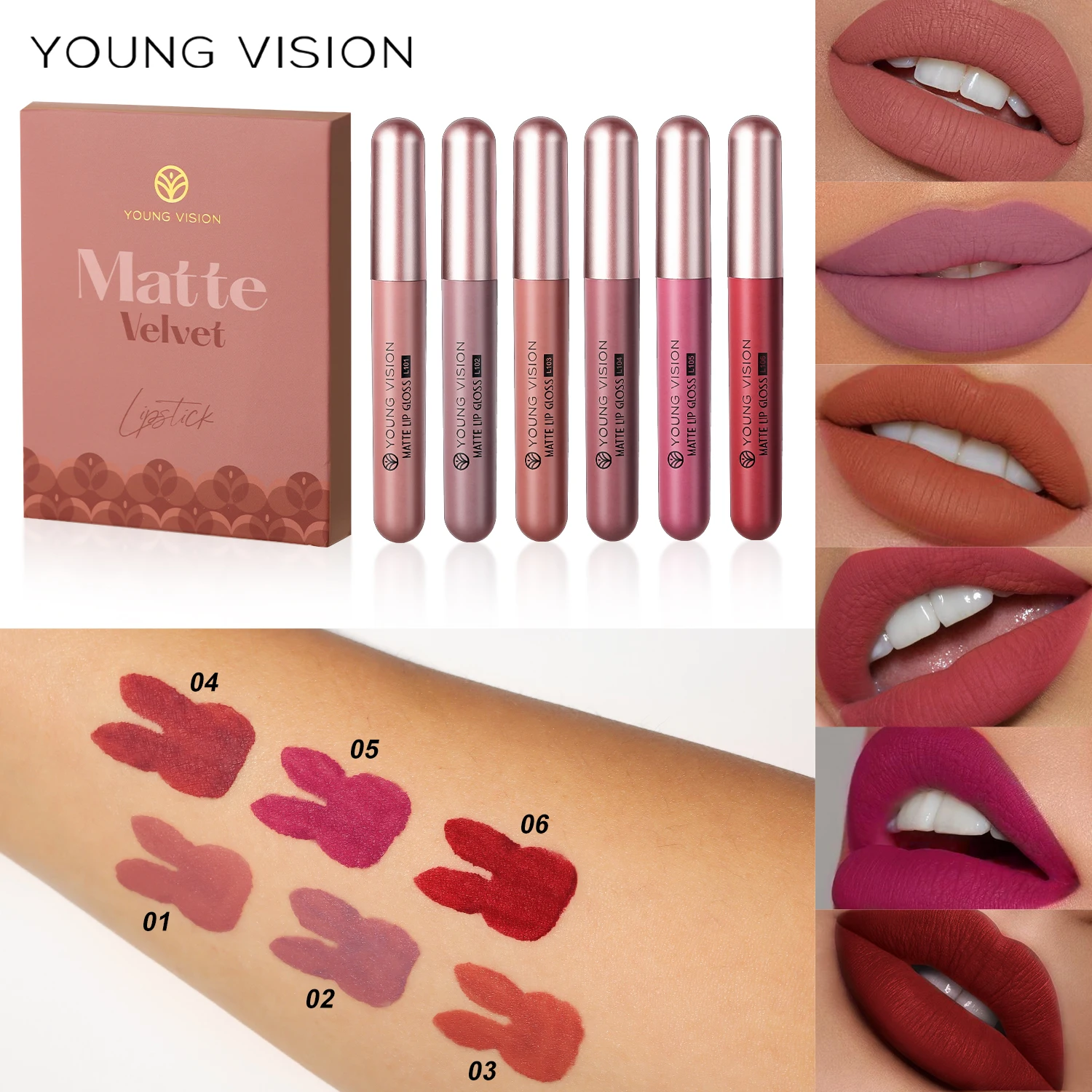 YOUNG VISION 6Pcs/Set Matte Velvet Lipgloss Waterproof Long-Lasting Liquid Lipstick for Flawless Makeup