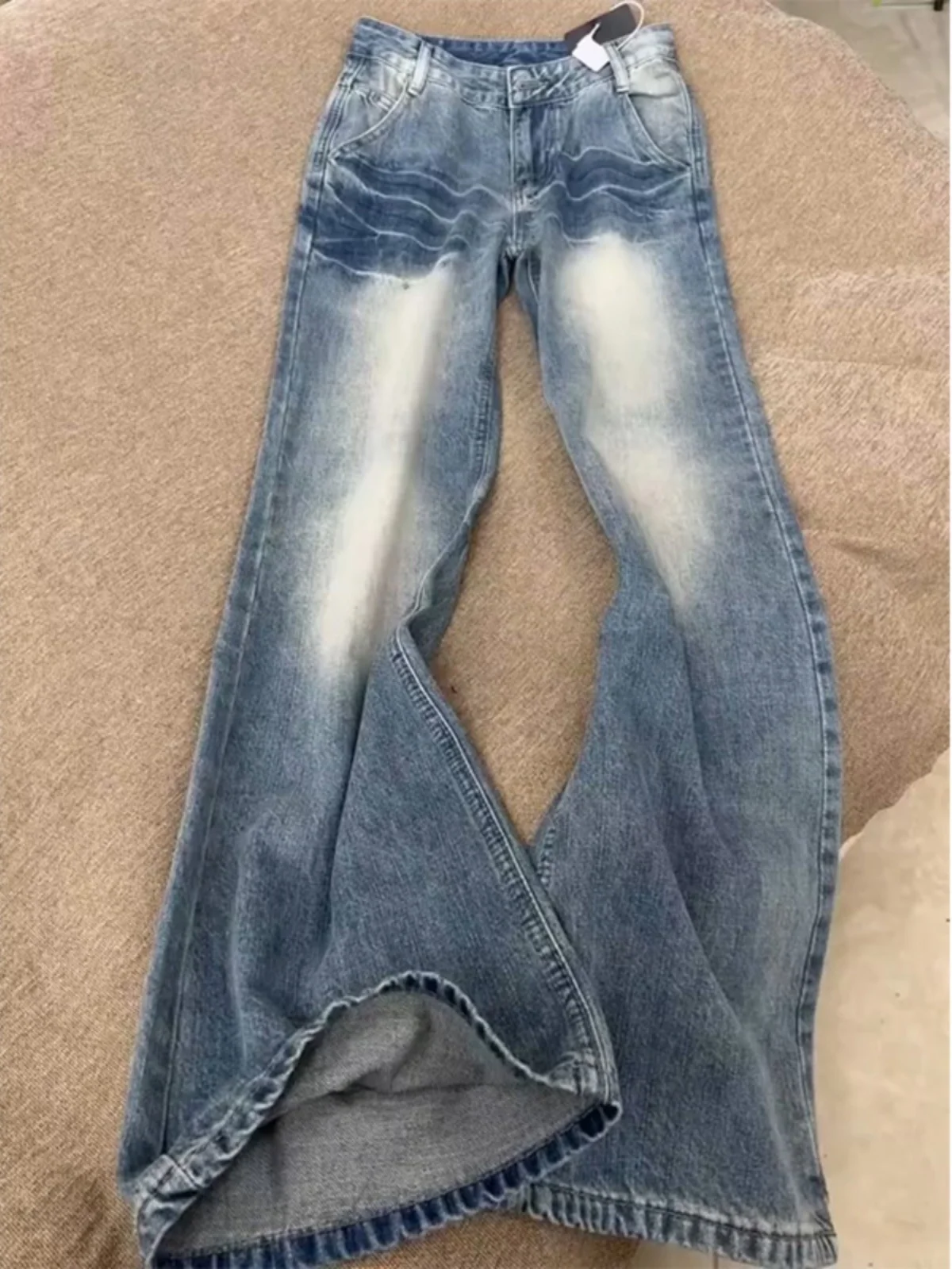 

Light Blue Waed Men's Jeans High Street Straight Leg Micro Flared Pants Lightning Pattern Cleanfit Knife Jeans