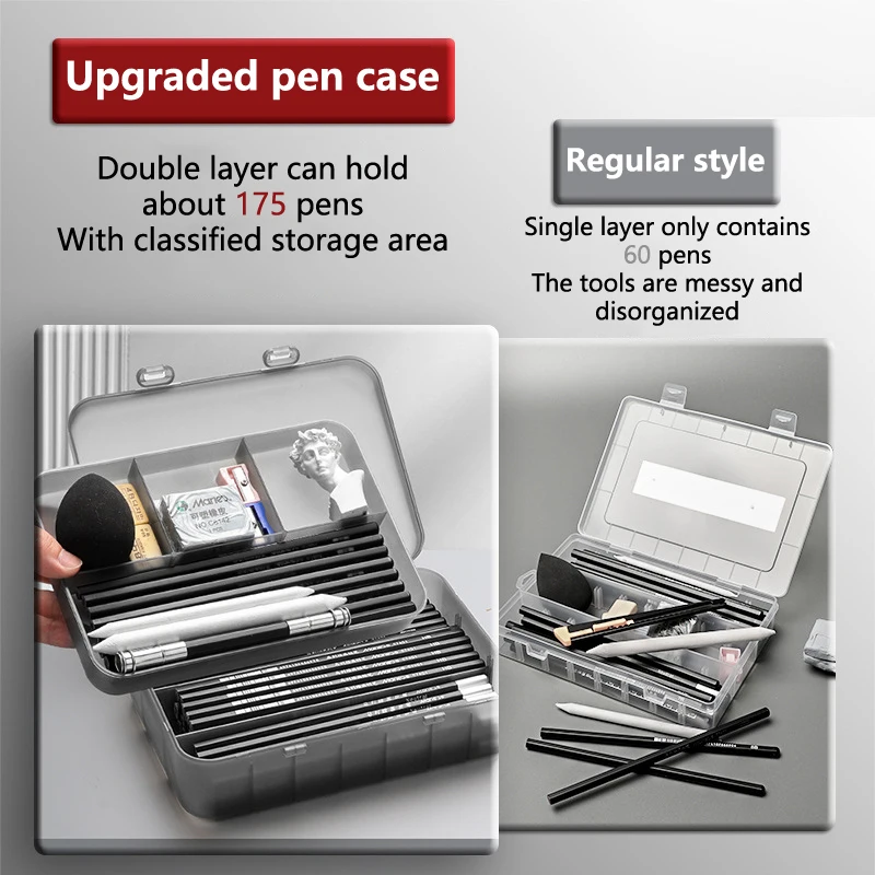 Portable Double-Layer Sketch Pen Box Thickened Art Student Special Pencil Storage Box Transparent Plastic Stationery Box