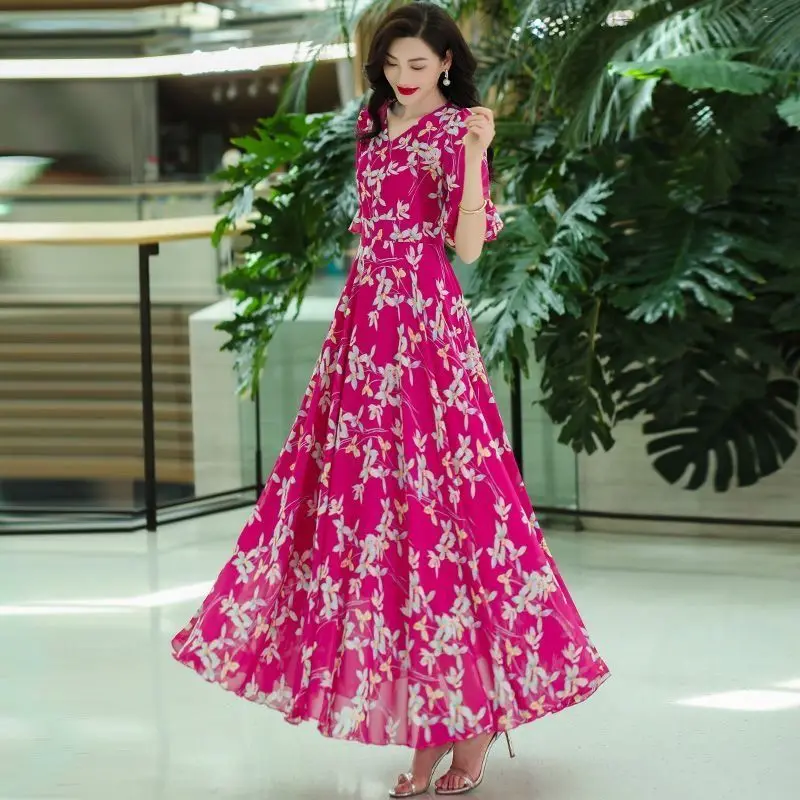 Vestido Longo Boho de Verão 2025 com Decote em V e Mangas Médias, Vestido de Praia em Chiffon E para Mulheres