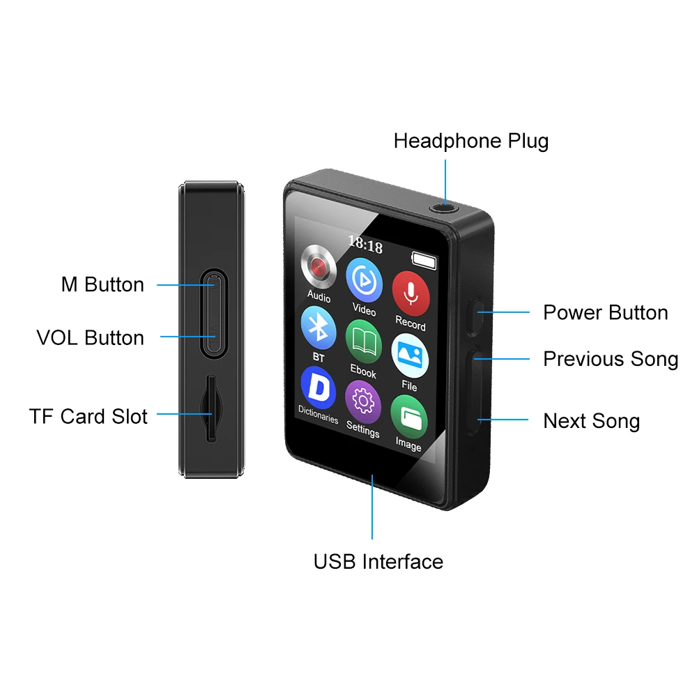 Reproductor MP3 BT portátil, inalámbrico, Mini Digital, sonido HiFi sin pérdidas, reproductor de música pequeño, Walkman negro
