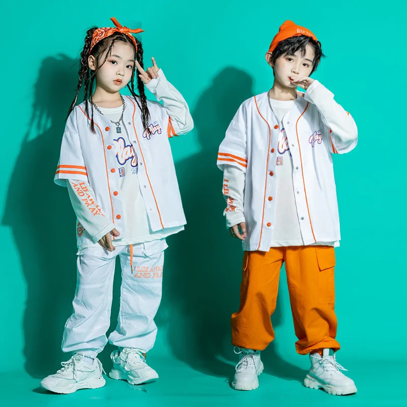 Kids Hip Hop Clothing White Tops Streetwear Orange Jogger Tactical Cargo Pants for Girls Boys Dance Costume Clothes