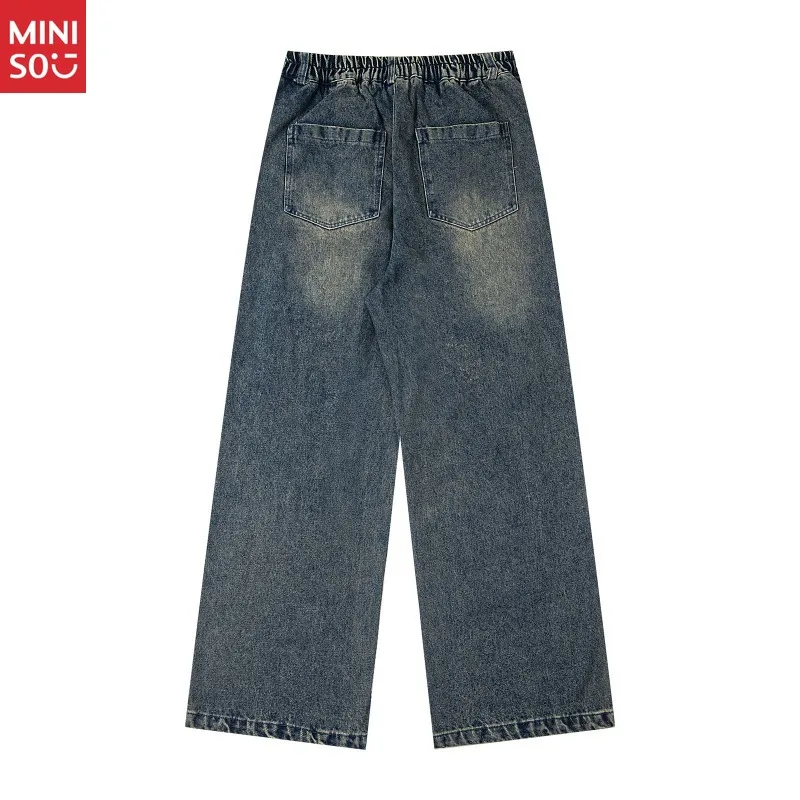 Miniso الأمريكية الرجعية غسلها المتعثرة متعة الكرتون التطريز المرقعة مستقيم الساق الجينز للجنسين فضفاض السراويل واسعة #2
