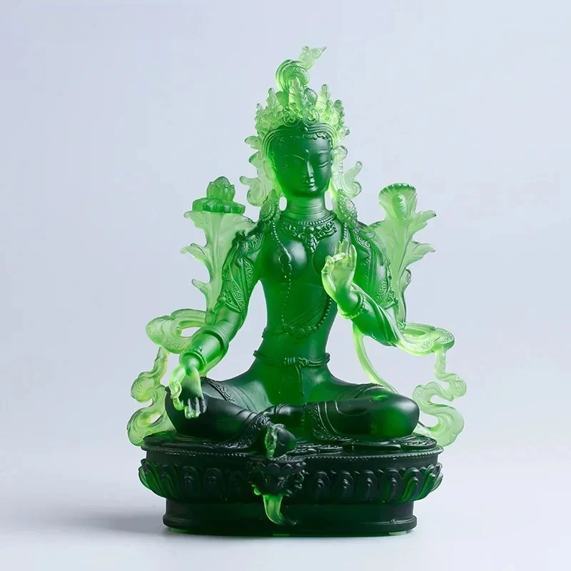 1 PCS Handmade Glass Green Tara Buddha Statue Chinese style Ancestral Hall Zen Temple Bodhisattva Desktop Feng Shui Ornament