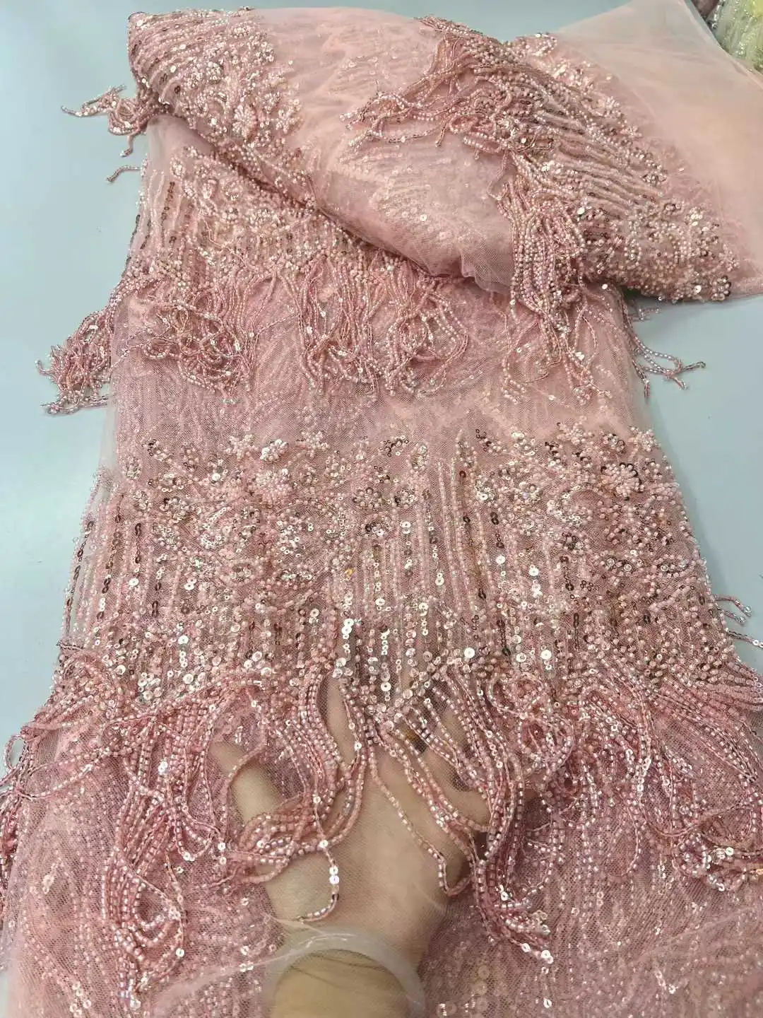 

Latest French 3D Tassel Beaded Tulle Lace Fabric 2026 High Quality African Lace Fabrics With Sequins For Evening Party Dresses