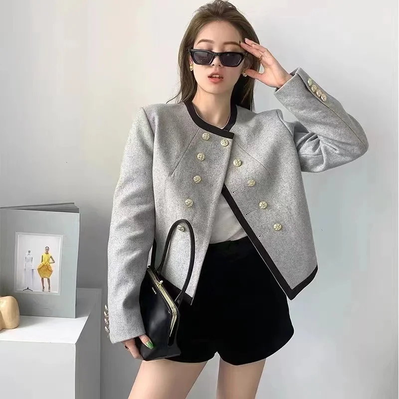 Women's Tweed Short Jacket Classic Black Trim Blazer with Gold Buttons Elegant Coat for Dating Office