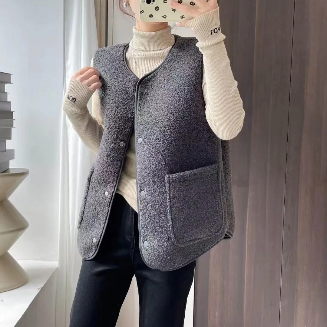 

Spring Autumn Winter New Fashion Women's Solid Color Single-breasted Loose O-neck Sleeveless Polar Fleece Vests Female Clothes