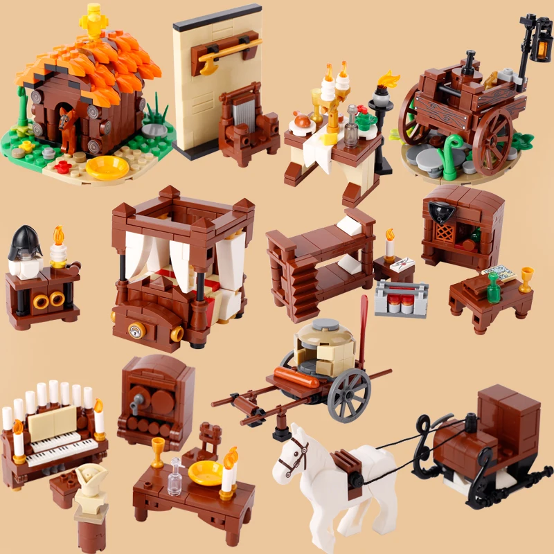 MOC Medieval Street View Series Building Blocks Castle Knights Furniture Bedroom Restaurant kitchen Doghouse Bricks Toys Gifts