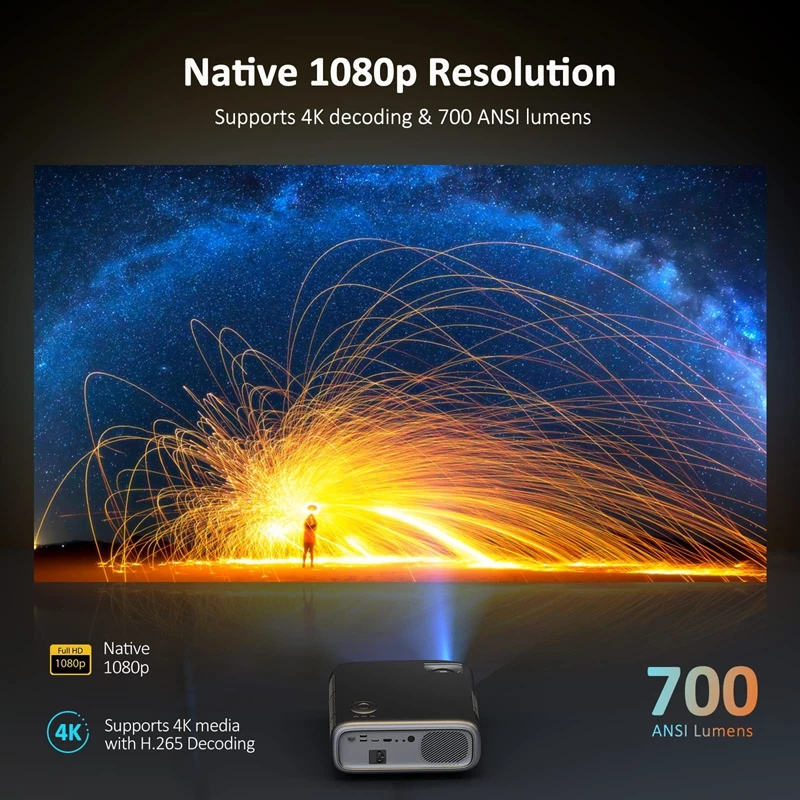 A70 Full HD 4K Projector 700ANSI Android 9.0 Trapezoidal Autofocus Home Theater Projector, Suitable for Office Meeting Video