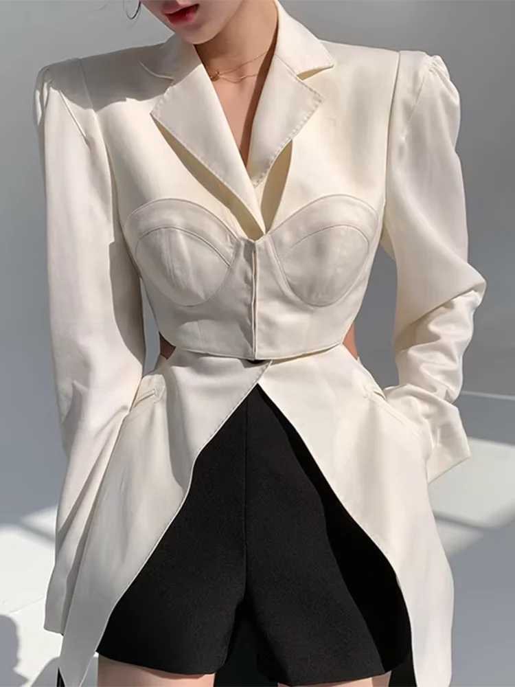 TWOTWINSTYLE White Casual Blazer For Women Notched Long Sleeve Hollow Out Korean Straight Blazers Female 2021 Spring Fashion New