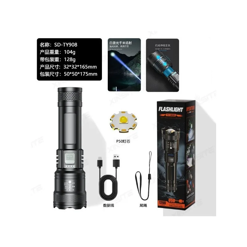 ‌USB Rechargeable LED Flashlight - Super Bright 1000lm Telescopic Focus, Waterproof Long Range for Outdoor Camping Emergency‌