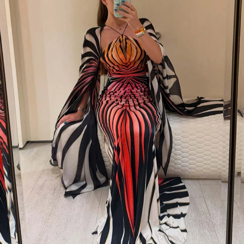 Elegant Gradient Print Women Evening Dress With Shawl New High Waist Halter Dress Fashion Stripe Print Contrast Color Slim Dress