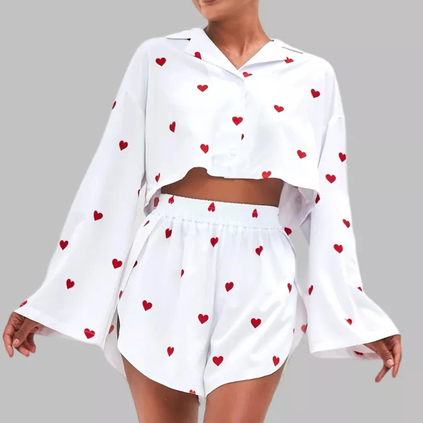 HiLoc Summer Women's Heart Print Satin Pajamas Set Long Flare Sleeve Crop Top & Shorts 2 Piece Loungewear Sleepwear 2026 New