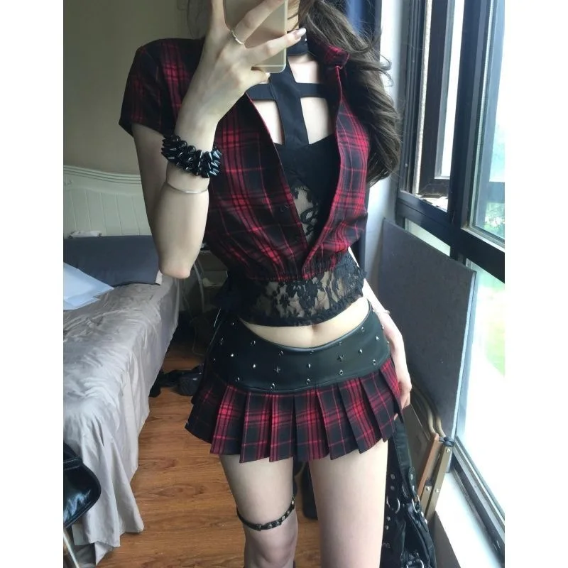 

Sweet Cool Subculture Spicy Girl Darkly Series Plaid Short Sleeved Jacket Cross Hanging Neck Top Pleated Skirt Goth 3 Piece Set