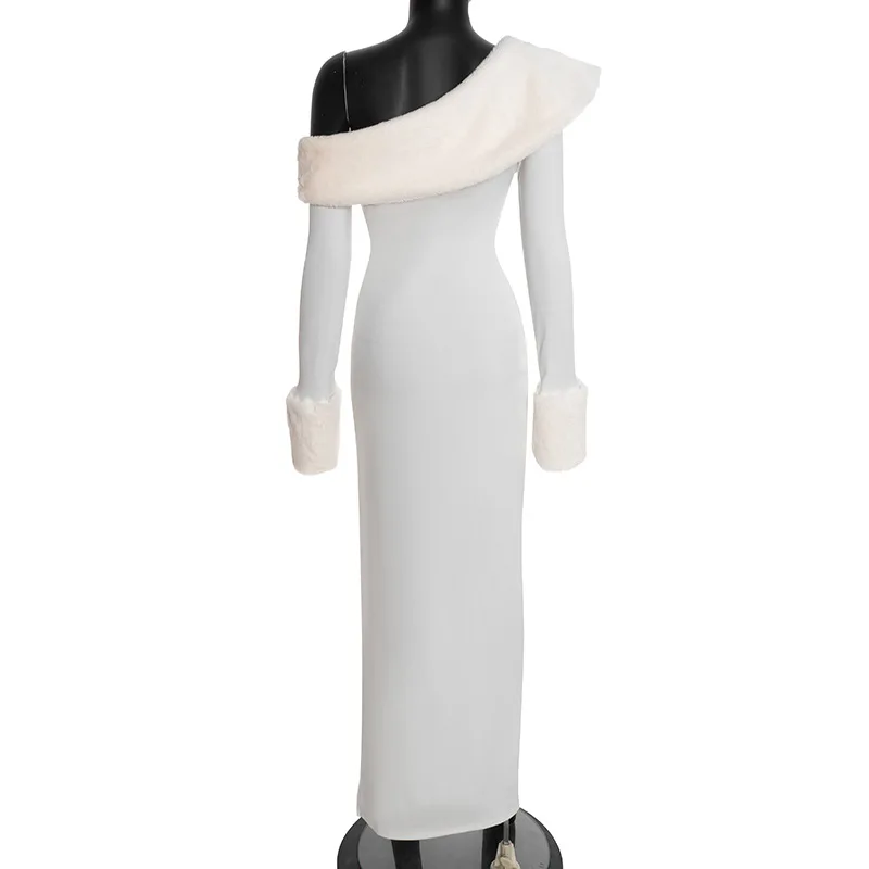 Vrouwen elegante harige kraag patchwork witte bodycon maxi feestjurk kerst sexy off-shoulder volledige mouw split lang gewaad