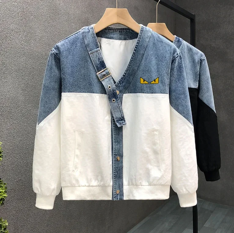 

Embroidered eyes new men's color contrast denim men's top Spring and autumn fashion trend top Loose temperament coat