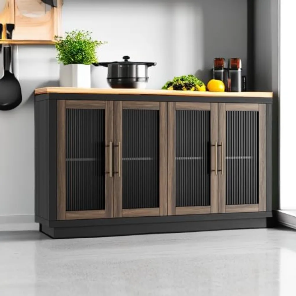 Armário buffet com armazenamento, armário buffet grande de 55,1", armário de cozinha aparador moderno com 4 portas de vidro caneladas,