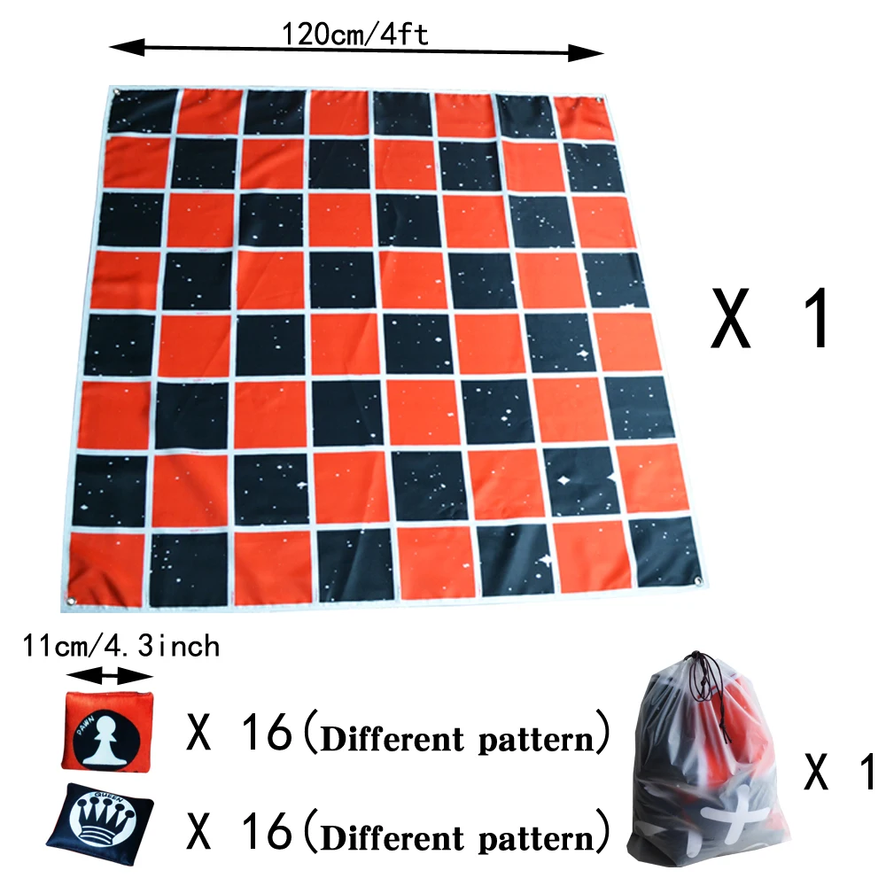 4-in-1 Jumbo Chess Board Game - 4FT Giant Tic Tac Toe, Checkers & More - 100% Machine-Washable Canvas With 4.33inch/11cm Beanbag